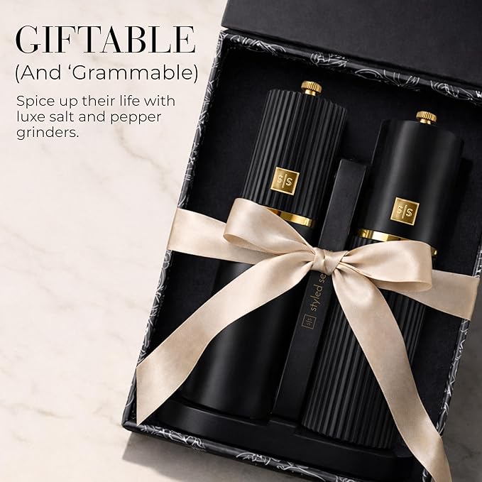 Wooden Salt and Pepper Grinder Set – Refillable Manual Salt and Pepper Mills with Adjustable Ceramic Burrs, Gold Detailing, and Wood Stand – Black - Image 6