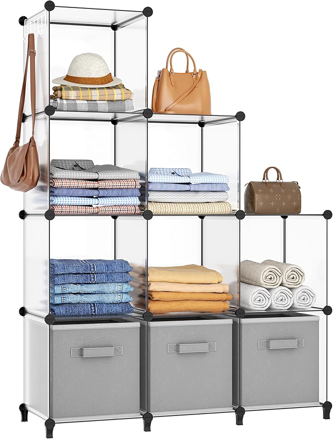 HOMIDEC Closet Organizers and Storage, 9 Cube Storage Organizer, Portable Closet Organizer Storage Cubes Shelves for Clothes, Bedroom, Wardrobe, Kids Room, Bathroom, Transparent by DecorateYourHome