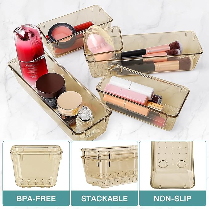 StorMiracle 13 PCS Drawer Organizer Set, 5 Varied Size Bathroom and kitchen Drawer cabinet organizer Trays, Clear Storage Bins for Makeup, Jewelry, Utensils and Gadgets, Champagne - Image 3