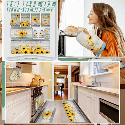 Fourluoo 10 Pcs Sunflower Kitchen Decor and Accessories Set Sunflower Kitchen Towels and Rugs Oven Mitts and Pot Holders for Cooking Baking Mom Housewarming Gifts - Image 2