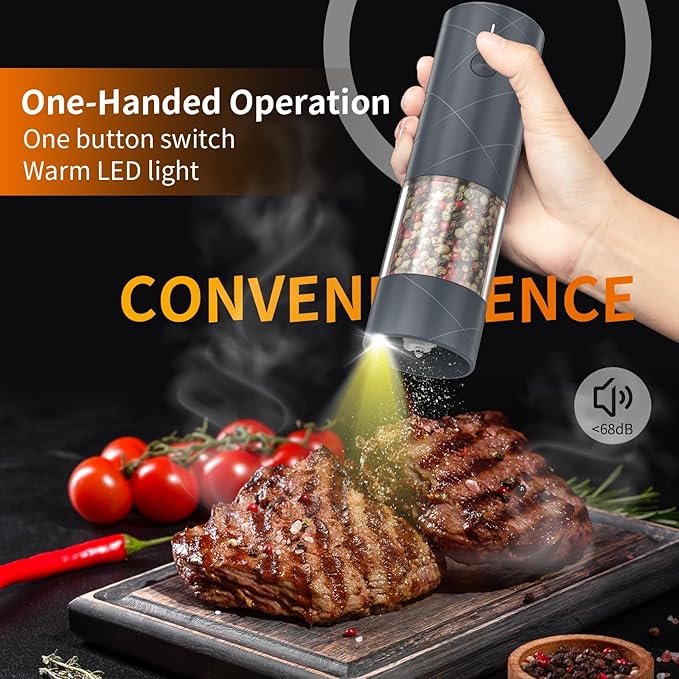 2Pack Electric Salt and Pepper Grinder Set USB Rechargeable with Warm LED Light, Adjustable Coarseness Lidaop Large Capacity Automatic Salt Pepper Mill Grinder for Kitchen, Restaurant, Outdoor (Grey) - Image 2