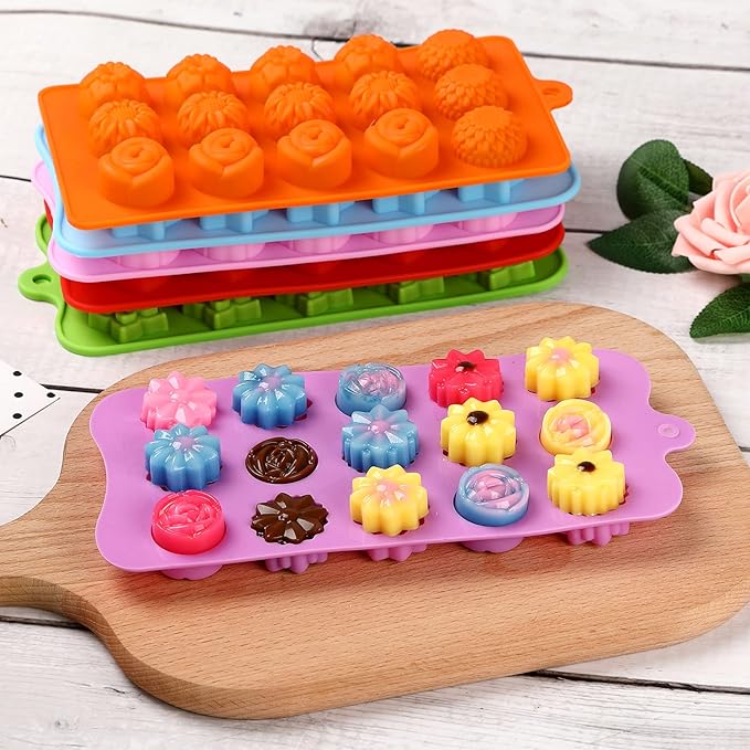FIRETREESILVERFLOWER Flower Shape Chocolate Candy Molds Set,Heart,The stars,The rose,Flowers in Combination,15 Cavity Silicone Baking Mold Ice Cube Tray-Wedding,Festival,Parties and DIY Crafts-(6Pcs)