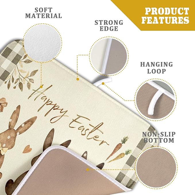 Giwawa Happy Easter Dish Drying Mat for Countertop, 16"x18" Cute Bunny Rabbits Eggs Carrot Dish Drainer Mats, Bufflao Plaids Fast Dry Microfiber Large Dish Drying Pad Kitchen Accessories Decor