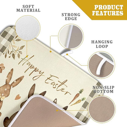 Giwawa Happy Easter Dish Drying Mat for Countertop, 16"x18" Cute Bunny Rabbits Eggs Carrot Dish Drainer Mats, Bufflao Plaids Fast Dry Microfiber Large Dish Drying Pad Kitchen Accessories Decor