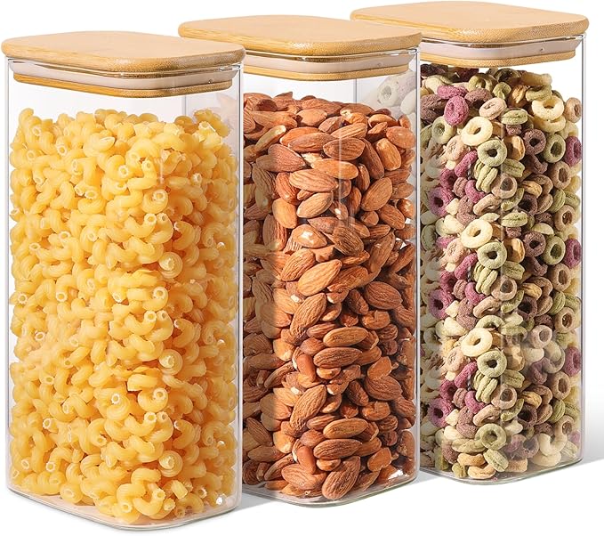ComSaf 1.8 Qt Rectangle Glass Storage Containers with Lids, Glass Jars with Bamboo Lids, Clear Food Storage Jar, Sugar Coffee Containers, Pantry Storage Container for Pasta Rice Flour Oats Nuts Tea by ComSaf