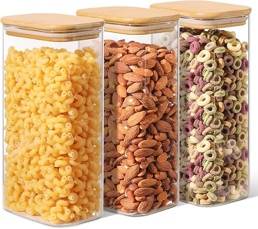 ComSaf 1.8 Qt Rectangle Glass Storage Containers with Lids, Glass Jars with Bamboo Lids, Clear Food Storage Jar, Sugar Coffee Containers, Pantry Storage Container for Pasta Rice Flour Oats Nuts Tea by ComSaf