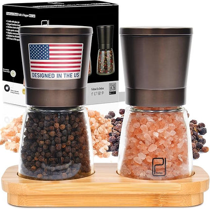 Premium Salt and Pepper Grinder Set with Bamboo Holder - 5 oz, Black Bronze Stainless Steel - S&P Spice Shakers - Refillable & Adjustable Coarseness Hand Mill for Spices & Seasonings - by PJC-Kitchen