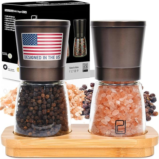 Premium Salt and Pepper Grinder Set with Bamboo Holder - 5 oz, Black Bronze Stainless Steel - S&P Spice Shakers - Refillable & Adjustable Coarseness Hand Mill for Spices & Seasonings - by PJC-Kitchen