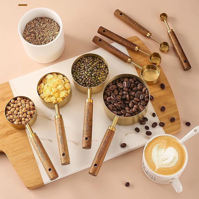 8Pcs Measuring Cups and Spoons Set - Golden Stainless Steel Measuring Cups with Wooden Handle, Metal Measuring Spoons Set Nesting Kitchen Measure Set for Kitchen/Food/Baking (8Pcs Wooden Handle) - Image 4