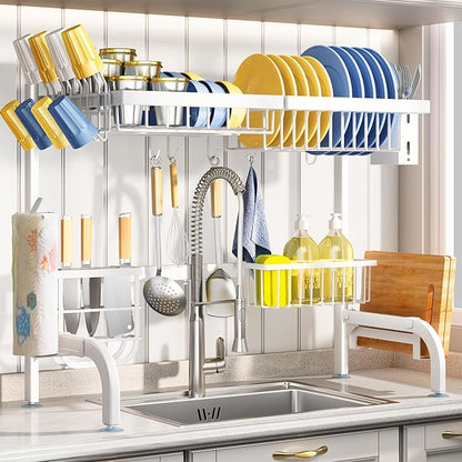 Over The Sink Dish Drying Rack, Adjustable (25.5 to 36.5 inch) 2 Tier Metal Steel Dish Drying Racks for Kitchen Counter with Hooks Paper Towel Utensil Cup Holder Sink Caddy (White) by SAYZH