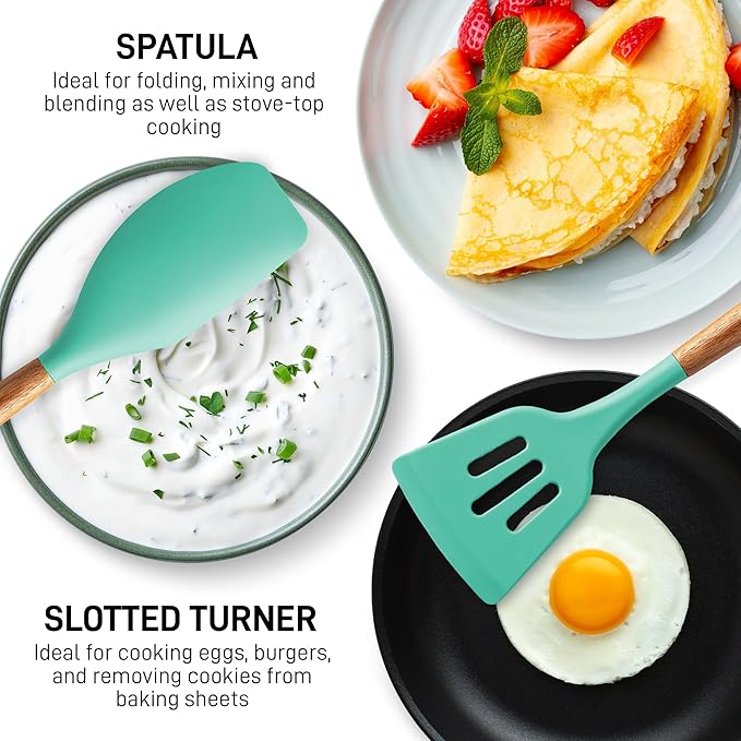 Zulay Kitchen Non-Stick Cooking Utensils Set with Authentic Acacia Wood Handles – 5-Piece Durable & Stylish Silicone Kitchen Utensils Set – Heat Resistant to 464°F – Mint - Image 5