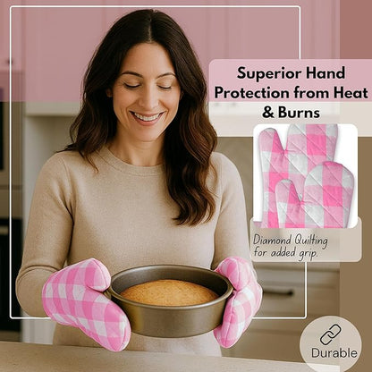 Native Fab Buffalo Plaid Check Oven Mitts and Pot Holders Set of 4, 100% Cotton Heat Resistant Kitchen Gloves, 2 Oven Mitts (7x13), 2 Pot Holders (8x8) for Cooking & Baking, Pink White - Image 6