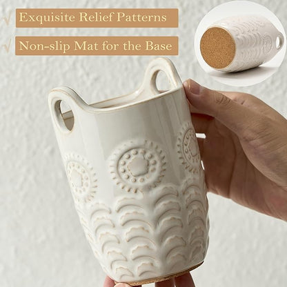 5.75" (H) Utensil Holder for Kitchen Counter, Cute Nordic Minimalist Style Cooking Utensil Holder and Crock Home Kitchen Decor, Ceramic Utensil Organizer for All kinds Spoon, Knife, Fork- Cream White