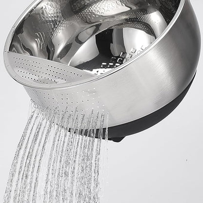 Rice Washer Strainer Bowl Quinoa Washing Bowl Stainless Steel Colander Versatile Side Drainers for Cleaning Rinsing Fruits, Vegetables, and Beans - Tilting Non-slip Silicone Bottom
