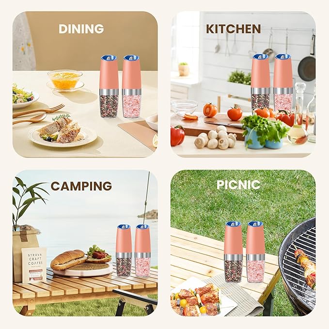 Gravity Electric Salt And Pepper Grinder Set, Automatic Salt And Pepper Grinder Set, Battery Powered (6 AAA Batteries Each), Adjustable Roughness, LED Light, 2 Pack, (Pink) - Image 7