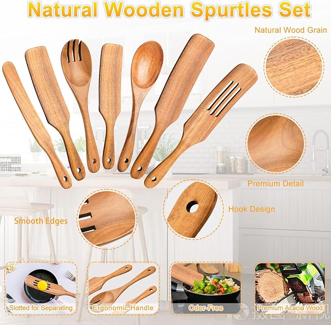 Spurtles Kitchen Tools Wooden, 7Pcs Wooden Spoons for Cooking, Natural Premium Spatula Set, Heat Resistant Cooking Utensil for Nonstick Cookware, Spurtle for Sourdough Starter - Image 3