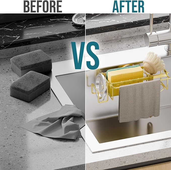 TAILI Sponge Holder with Strong Suction Cup, 4-in-1 Rustproof Sink Organizer - Sink Caddy Holds Sponges, Brushes, Stoppers & Scrapers -Gold - Image 5