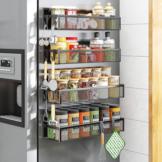 Aufworld Magnetic Spice Rack for Refrigerator, 4 Pack Magnetic Shelf, Fridge Magnet Organizer with Moveable 8 Hooks, Magnetic Fridge Shelf for Kitchen Organization and Storage (4 Pack) by Unknown