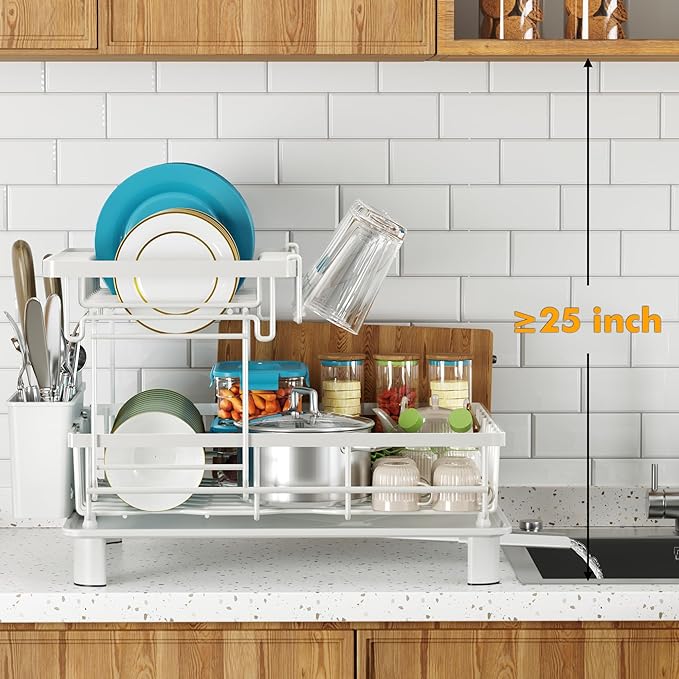 Dish Drying Rack, 2 Tier Dish Racks for Kitchen Counter, Compact Dish Drainer Rack, Detachable Dish Rack with Drainboard, Utensil Holder, Cup Holder for Small Space - White - Image 7