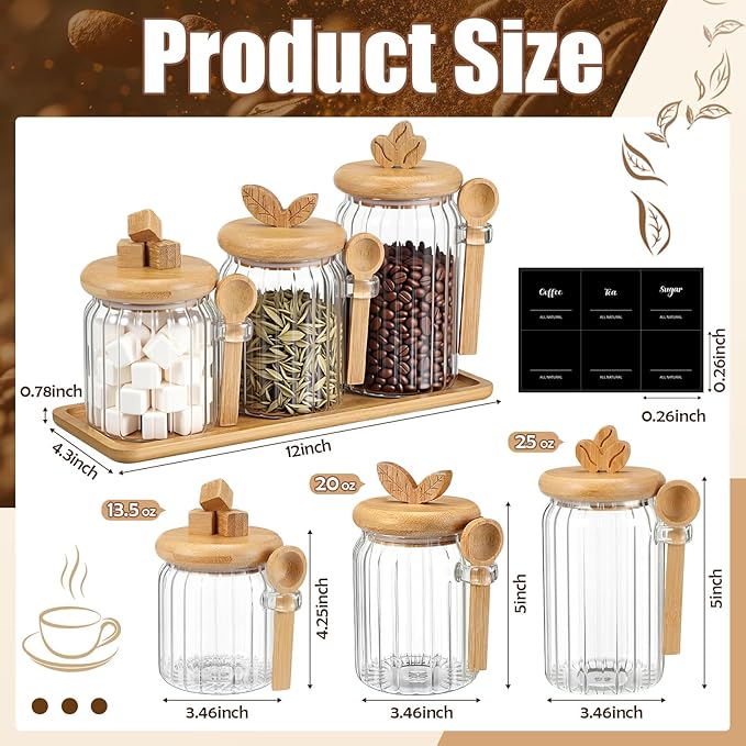 Suclain 3 Pcs Glass Coffee Container with Bamboo Color Lid & Spoon, 25, 20.3, 15 oz Airtight Glass Jar with Wooden Shelf, Food Storage Containers Coffee Jar Tea Container(Bamboo Color) - Image 2