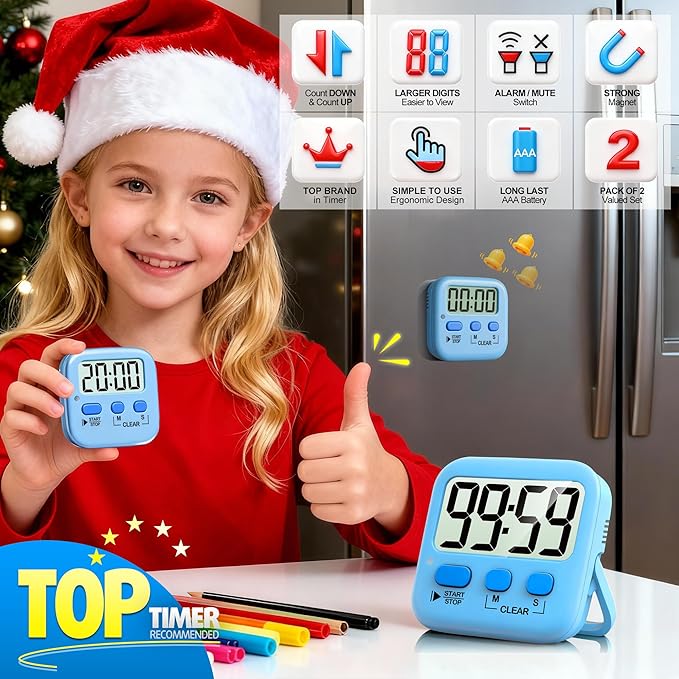 Antonki 2 Pack Digital Timer for Kids, Magnetic Countdown Kitchen Timers for Cooking, Egg, Classroom, Teacher, Exercise, Study, Oven - Battery Included - Image 3