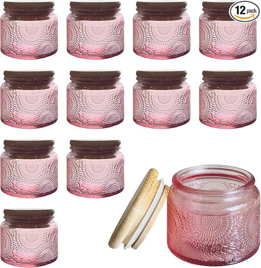 4 oz Pink Mini Glass Jars with Airtight Bamboo Lids 12 pack, Decorative Small Food Storage Canister, Vintage Embossed Home Décor Candle Parties Wedding Baby Shower Favors Gift
