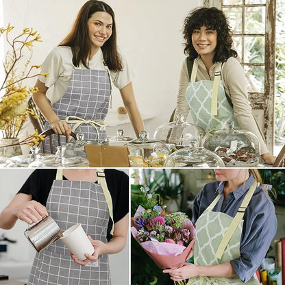 2 Pieces Aprons for Women with Pockets, Cotton Linen Waterproof Kitchen Cooking Aprons, Chef Apronfor Men Women with Adjustable Neck Strap and Long Ties(Grey/Green)