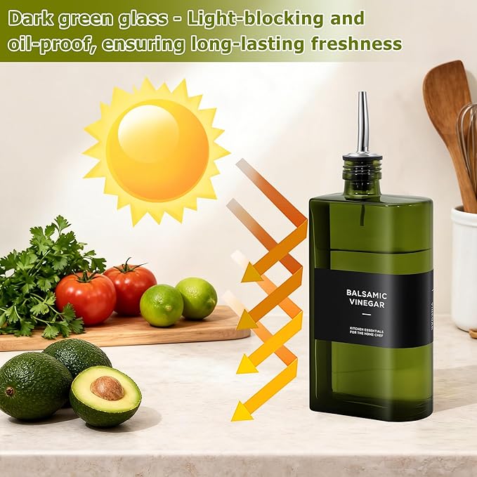 R DRURLCD Green Glass Olive Oil Dispenser, 16.9oz/500ml Curved Cooking Oil and Vinegar Bottle, Soy Sauce Dispenser, Coffee Syrup Bottle, 2 Gold Silver Stainless Steel Pourers, 36 Labels, Funnel