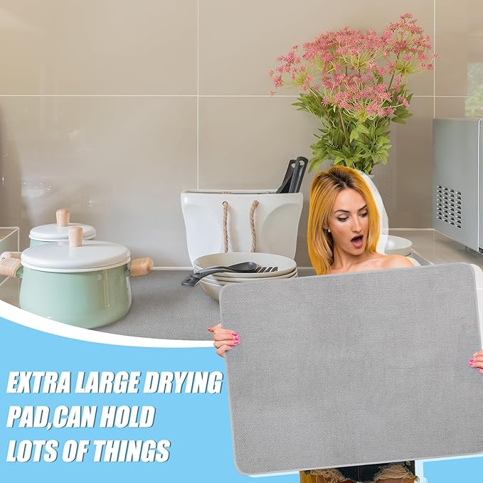 Hushee 2 Pack Extra Large Dish Drying Mat Microfiber Absorbent Dish Drying Pad Large Size Dishes Drainer Mats for Countertop, Sink, Refrigerator or Dryer (30 x 24 Inch,Gray) - Image 5