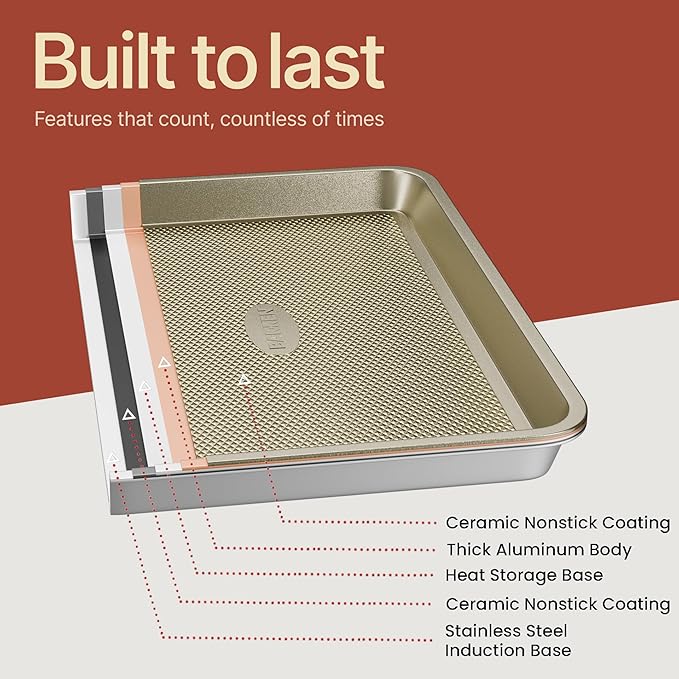 Diamond Bottom Cookie Sheet Set of 2, Nonstick Gold Carbon Steel Baking Pans for Crisp Baking, Space-Saving Stackable Trays, PFOA, PFOS, PTFE Free, Oven Safe Up to 450°F, Small & Medium Pans - Image 9