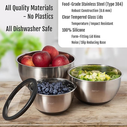Premium Quality Stainless Steel Mixing Bowls with Lids, 3-Piece Set, Dishwasher-Safe Clear Glass Lids, No Plastics