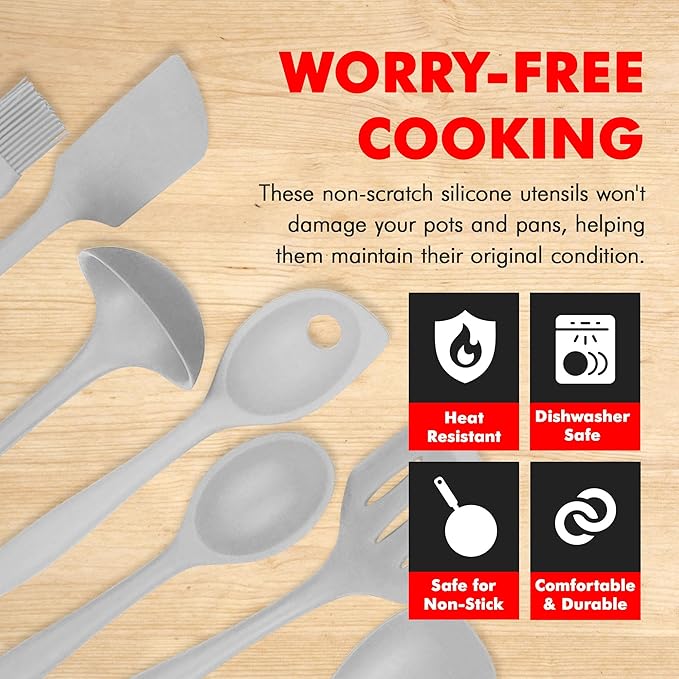 Chef Craft - Premium Silicone Kitchen Tools and Utensils Set, Non-Scratch, Withstands Temperatures up to 450°F, BPA-Free, 7 Piece Cooking Utensils Set, Gray - Image 3