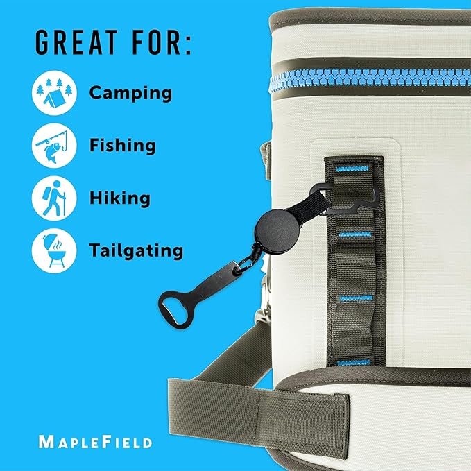 Maplefield Retractable Bottle Opener - Pack of 2, Silver & Black - Carabiner Clip & Bottle Opener Attachment for Cooler - Stainless Steel Construction - Retractable Wire Cord for Quick Access