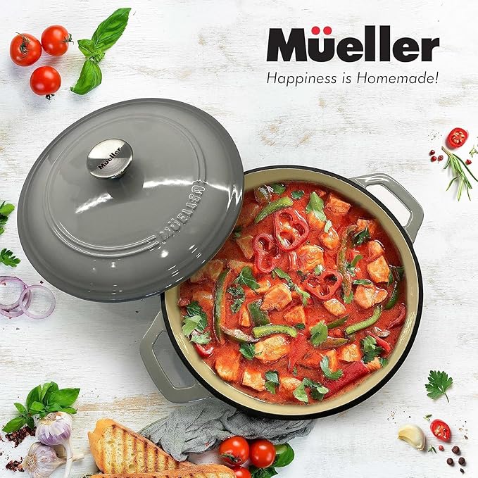 MUELLER HOME 7.5 QT Enameled Cast Iron Dutch Oven, Heavy-Duty, Oven-Safe up to 500° F & Across All Cooktops, Casserole Dish and Braiser Pan with Lid and Stainless Knob, Grey - Image 6