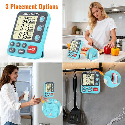 Digital Dual Kitchen Timer, 3 Channels Countdown Triple Timer for Cooking, Magnetic Memory-Preset Large-Display Adjustable Alarm Volume, Multi Times Management, 3A Battery Included, Blue - Image 6