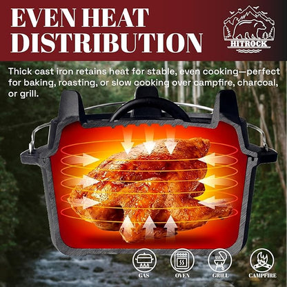 HITROCK Cast Iron Camp Dutch Oven 7QT, Pre-Seasoned Camping Dutch Oven with Lid, Flat Bottom Outdoor Pot with Lid Lifter,Pot Stand, Storage Bag & Handle for Camping, Baking, Grilling, Rounded-square Shape