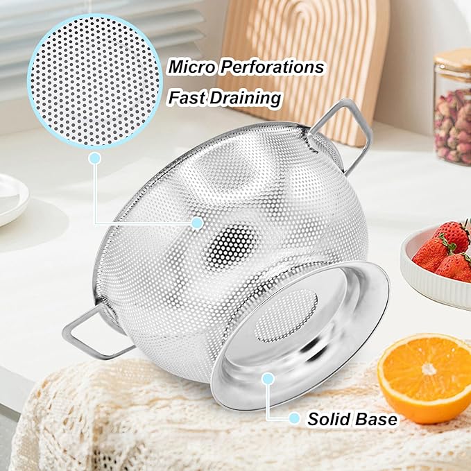 304 Stainless Steel Colander, Micro-Perforated 5-Quart Strainer with Base, Dishwasher Safe. Great for Pasta, Noodles, Vegetables & Fruits - Image 4