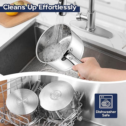 LIANYU Stainless Steel Saucepan Set of 2, 2QT & 3QT Sauce Pan with Tempered Glass Lid, Tri-Ply Bottom Small Cooking Pot, Oven & Dishwasher Safe