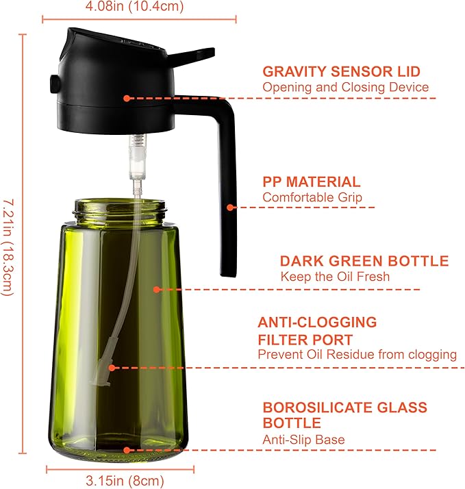 CXINYI - 16oz/470ml Olive Oil Dispenser for Kitchen with Stickers - 2 in 1 Olive Oil Sprayer for Cooking, Air Fryer, and Salad, Black (Light-Proof Kitchen Gadget) - Image 6