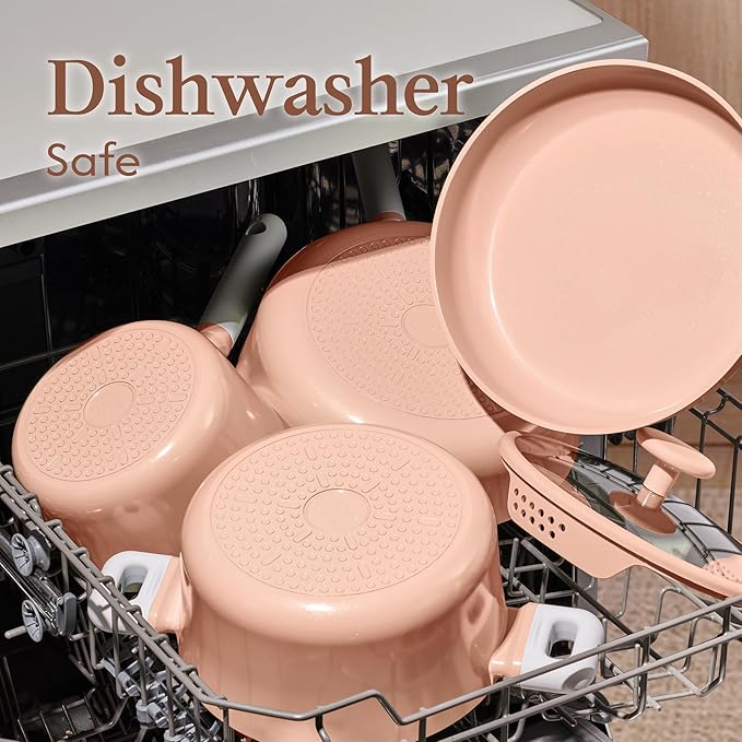 CAROTE Ceramic Cookware Set Nonstick, 9pcs Pots and Pans Set Non stick, Non-Toxic & PFAS-Free,Dishwasher, RV/Camping Cookware Set,Sauce Pan with Lid, Pink - Image 5