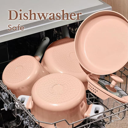 CAROTE Ceramic Cookware Set Nonstick, 9pcs Pots and Pans Set Non stick, Non-Toxic & PFAS-Free,Dishwasher, RV/Camping Cookware Set,Sauce Pan with Lid, Pink - Image 5