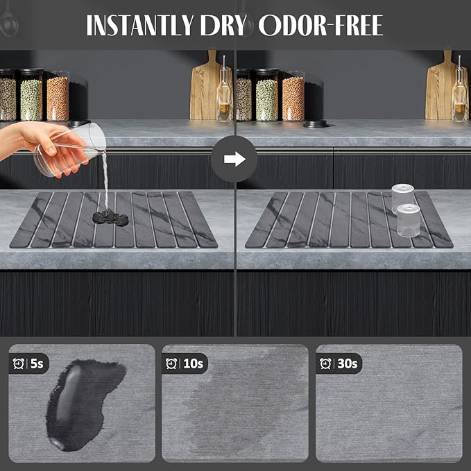 Large Stone Dish Drying Mats for Kitchen Counter, 24"(L)×16"(W) Marble, Drying Collapsible Dish Drying Mat, Eco-Friendly Absorbent Diatomaceous Earth Mats for Dishes Bottles Cups - Dark Grey - Image 2
