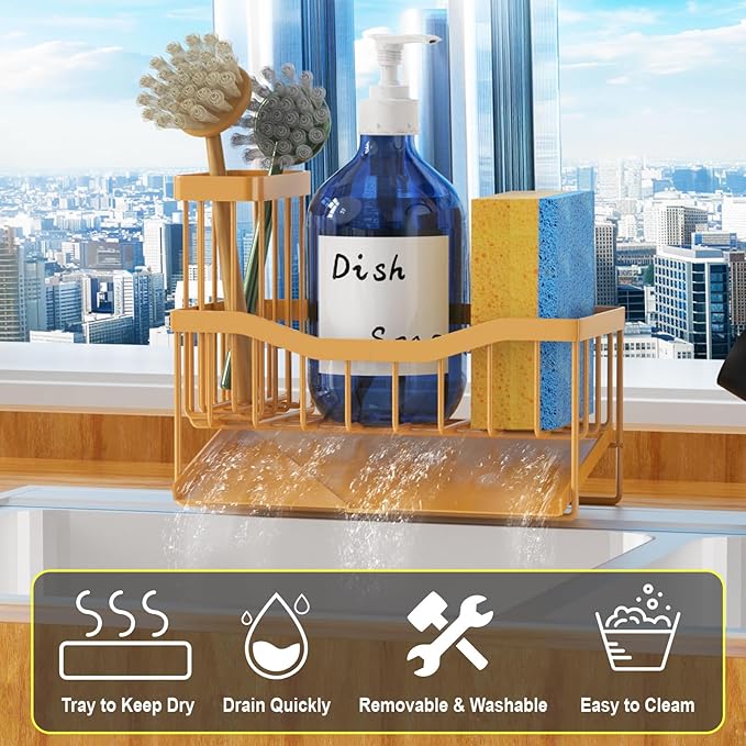 Fssvcd Maifan Sink Caddy Sponge Holder for Kitchen with Brush Holder and Stainless Steel Self Drain Tray, Rustproof Kitchen Sink Organizer for Sponge, Soap Dispenser Storage Accessories - Image 2