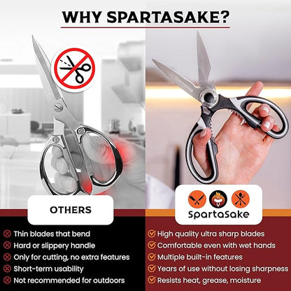 SpartaSake Premium Stainless Steel All Purpose Kitchen Shears with Sleeve - Heavy Duty Ultra Sharp kitchen Scissors for Food - Multipurpose Food Scissors for Meat Poultry Vegetable (Black-White)