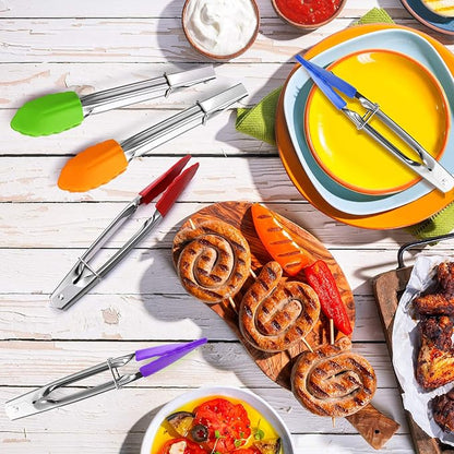 6 Pieces 7 Inch Mini Silicone Tip Tongs Kitchen Serving Tongs Small Metal Locking Tongs for Salad Grilling Cooking, 6 Colors