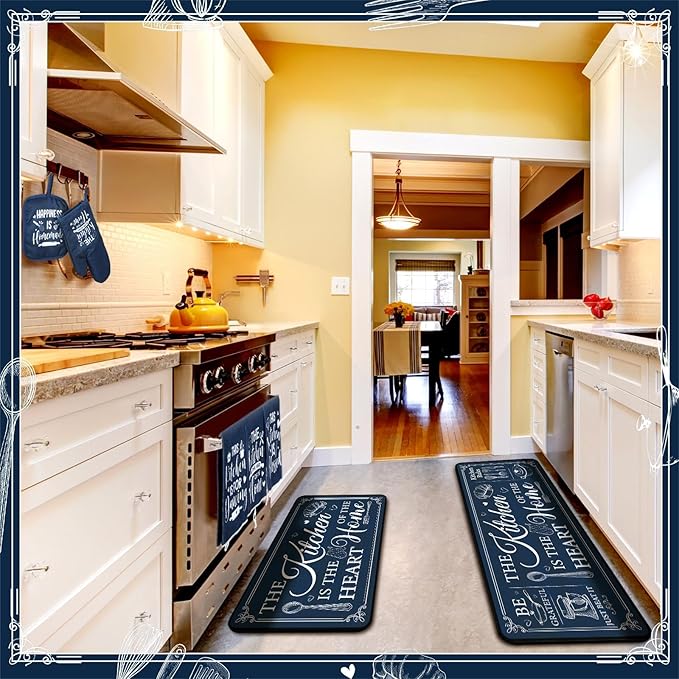 Fourluoo 10 Pcs Farmhouse Kitchen Decor and Accessories Set 4 Kitchen Towels 2 Pot Holders 2 Oven Mitts 2 Rugs for Cooking Baking Mom Housewarming Gifts(Dark Blue,Classic Style) - Image 4