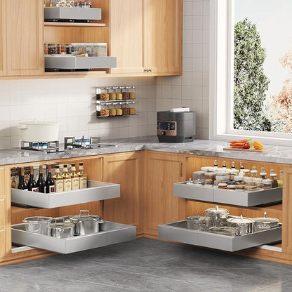 Seinloes 2 Pack Expandable Width (15.15"-26.3") Pull Out Cabinet Organizer 21" Deep with Raising Pad for Framed Cabinets, Upgrade 3 Slide Rails Slide Out Drawers, Roll Out Shelves Adhesive, Silver - Image 5