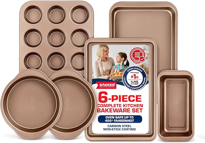 BAKKEN 6-Piece Kitchen Baking Pan Set - Commercial Grade Carbon Steel Bakeware, With Nonstick Coating, Stackable and Space-saving Design, PFOA, PFOS, PTFE Free, Oven Safe Tray (Up To 450°F), Brown by Unknown