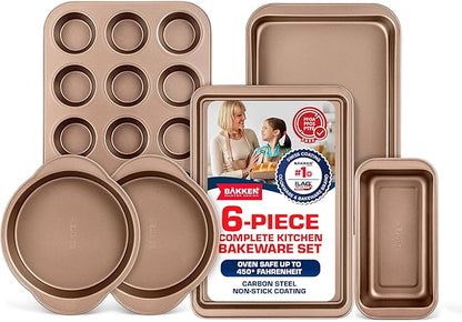 BAKKEN 6-Piece Kitchen Baking Pan Set - Commercial Grade Carbon Steel Bakeware, With Nonstick Coating, Stackable and Space-saving Design, PFOA, PFOS, PTFE Free, Oven Safe Tray (Up To 450°F), Brown by Unknown
