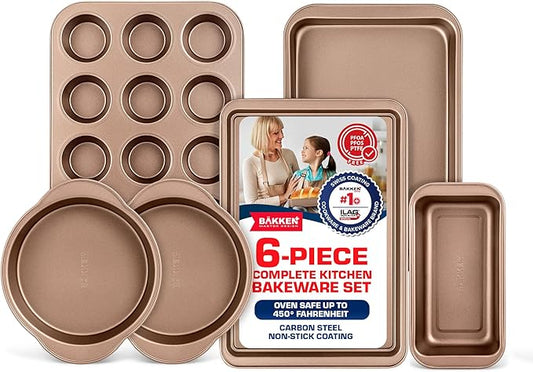 BAKKEN 6-Piece Kitchen Baking Pan Set - Commercial Grade Carbon Steel Bakeware, With Nonstick Coating, Stackable and Space-saving Design, PFOA, PFOS, PTFE Free, Oven Safe Tray (Up To 450°F), Brown by Unknown